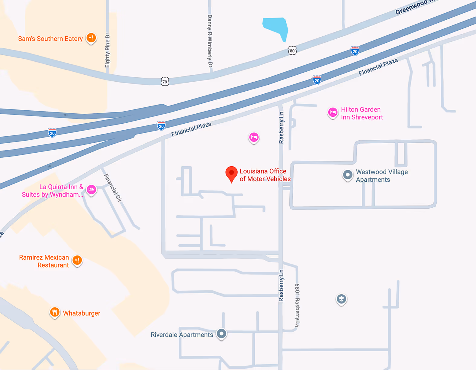 Map showing Shreveport IRP office at 6005 Financial Plaza